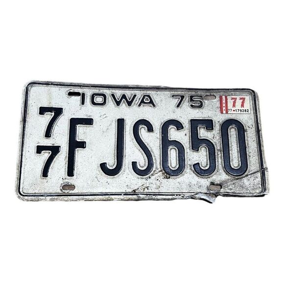 Vintage 1975 Iowa Collectible License Plate Original Tag White # 77 FJS650 - Picture 1 of 3